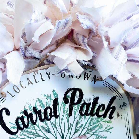 Hand Crafted Easter Fabric Rag Wreath, Pink & Purple, Carrot Patch Sign, 18" - Picture 2 of 11